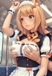 ai_generated animal_ears blush cat_ears catgirl female fully_clothed grabbing grabbing_another's_breast grabbing_breasts grabbing_from_behind maid maid_headdress maid_outfit maid_uniform maple_(sayori) molestation molesting neck_bell neck_ribbon nekopara questionable_consent stable_diffusion train train_interior