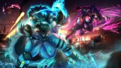 absurd_res ambiguous_gender anthro apode armor armwear aura autocannon battle big_bulge black_sclera body_hair boots bottomwear breasts building bulge bullet bulletproof_vest canid canine canis cannon clothed clothing cyberpunk darius_aurelius dariusaurelius debris detailed_bulge digital_media_(artwork) draconcopode dragon duo electricity energy fight fire fire_from_mouth footwear fox fur generation_5_pokemon genital_outline gloves glowing glowing_eyes gun gynomorph hair handwear happy_trail hi_res huge_bulge human hybrid hyper hyper_bulge intersex jacket jumping knee_pads led_light legless lightning lights male mammal mythological_creature mythological_scalie mythology naga nintendo one_piece_suit open_mouth penis_outline piercing pokemon pokemon_(species) powers ranged_weapon reptile scalie scar serpentine shockwave shoes shotgun smoke smoke_from_mouth snake swinging tail tight_clothing topwear vale_aurelius warehouse weapon wolf zoroark