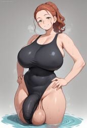 1futa ai_generated balls brown_hair bulge freckles futanari green_eyes huge_breasts mature_futa one-piece_swimsuit smile supergetthi