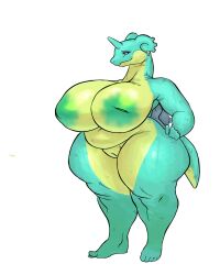 1_horn absurd_res anthro areola big_breasts blue_body blue_horn blue_scales breasts ear_piercing eyelashes female front_view generation_1_pokemon genitals green_areola green_nipples hand_on_hip hi_res horn huge_breasts inverted_nipples lapras looking_at_viewer necroeddie nintendo nipples nude overweight overweight_female piercing pokemon pokemon_(species) purple_eyes pussy scales shell simple_background smile solo thick_thighs white_background wide_hips yellow_body yellow_scales