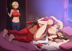 2girls absurdres barefoot bed bedroom belt black_socks blonde_hair blue_eyes blue_mary blush breast_sucking breasts breasts_out brown_hair capcom capcom_vs_snk capcom_vs_snk_2 clothed_sex clothes_pull crop_top crossover fatal_fury folding_fan gloves hand_fan hand_on_another's_head highres holding holding_fan jewelry ken_masters kmkz-art large_breasts mai_shiranui missionary multiple_girls necklace non-web_source on_bed open_mouth pants pants_pull pillow ponytail sex shiranui_mai snk socks street_fighter street_fighter_zero_(series) surprised the_king_of_fighters tongue tongue_out vaginal_penetration watching