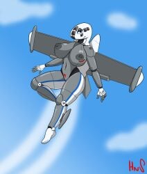 1girls aeromorph aircraft aircraft_humanoid airplane big_breasts blue_eyes breasts cloud female flying grey_body hatnshades living_aircraft living_machine metallic_body oc sky smile smiling white_body wings