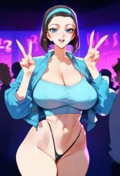 2d ai_generated big_breasts breasts brown_hair crop_top detective_conan female female_focus forehead highleg indoors jacket panties short_hair sonoko_suzuki standing tagme v_sign