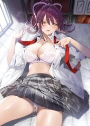 1girls ball barbell_piercing basketball_(object) black_skirt bow bow_bra bra breasts cleavage collarbone collared_shirt ear_piercing earclip fangs gym_storeroom hand_up highres houkago_wa_kenka_saikyou_no_gyaru_ni_tsurekomareru_seikatsu indoors industrial_piercing invalid_tag kakao kakao_(chocolate_land) kohinata_karin lace-trimmed_bra lace_trim long_hair looking_at_viewer lying mat necktie on_back open_clothes open_mouth open_shirt panties piercing plaid_clothes plaid_skirt pleated_skirt ponytail purple_hair purple_nails red_necktie shelf shirt skirt solo thighs underwear unworn_necktie upskirt white_bra white_panties window yellow_eyes