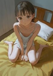 1girls ai_generated akipeko bare_arms bare_legs bare_shoulders barefoot bed bedroom black_hair blunt_bangs brown_eyes camisole curtains downblouse expressionless flat_chest from_above full_body hands_on_ground highres indoors looking_at_viewer looking_up medium_hair on_bed original parted_lips pillow sitting solo tareme v_arms wariza white_camisole