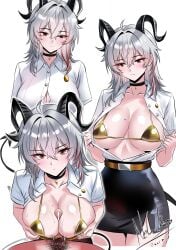 1boy absurdres ahoge bikini black_choker black_horns black_skirt breasts button_gap choker clothes_pull commentary cum earrings feline female gold_bikini grey_hair highres horns jewelry large_breasts male male_pubic_hair mole mole_on_breast mole_under_eye multicolored_hair multiple_views nekobox open_clothes open_shirt paizuri pencil_skirt pubic_hair red_eyes shirt shirt_pull single_earring skirt straight streaked_hair swimsuit thai_college_uniform white_shirt wuthering_waves zani_(wuthering_waves)