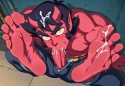 abs ai_generated alley autofellatio balls barefoot bent_over black_hair cock danger_dolan demon demon_boy dominated_male erection exposed_anus exposed_penis feet feet_up foot_musk gay gold_eyes hellbent horns male male_feet male_only muscular muscular_male outdoors partially_clothed pectorals planet_dolan red_skin self_sucking stinky_feet yaoi