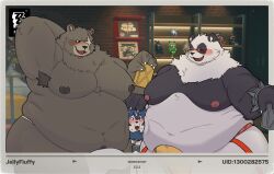 anthro bear belly ben_bigger between_bellies blush brown_body brown_fur clothing dragon_night800 erection erection_under_clothing fur giant_panda group hi_res jockstrap male male/male mammal mihoyo moobs multicolored_body multicolored_fur navel nipples overweight pan_yinhu panda size_difference trio underwear zenless_zone_zero