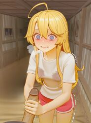 ai_generated before_blowjob before_sex blonde_hair blue_eyes blush clenched_teeth clothed cute holding_penis hot long_hair mezrus no_bra sex sweat sweaty_breasts tagme wet_breasts