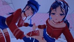 2girls 3d cappie_(miside) clothed_female_nude_male cum cum_on_body female femdom handjob koikatsu mita_(miside) thick_thighs thigh_sex thighjob threesome