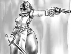 1girls black_and_white breasts clothed female glassedsand grave/digger gun helmet holding_gun holding_sword holding_weapon medium_breasts original_character revolver roblox roblox_game robloxian soldat_(grave/digger) sword tagme thick_thighs thighs