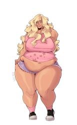 1girls 2d 2d_(artwork) bbw big_belly big_breasts blonde_hair chubby chubby_female exposed_midriff female female_only huge_thighs jean_shorts long_hair overweight overweight_female oxart short_shorts simple_background solo solo_female solo_focus tan_body tan_skin thick_thighs