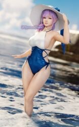 3dloveandpeace alluring bare_legs big_breasts bikini blue_eyes dead_or_alive dead_or_alive_xtreme_venus_vacation female fiona_(doa) lavender_hair one-piece_bikini pin_up sideboob tecmo