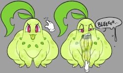 all_fours ambiguous_gender ass big_butt chikorita disembodied_hand ellipsis english_text feral generation_2_pokemon green_body huge_butt huge_hips huge_thighs huge_tongue long_tongue looking_at_viewer nintendo pokemon pokemon_(species) red_eyes sleepyslut solo text thick_thighs thought_bubble tongue tongue_out wide_hips