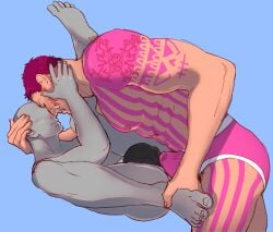 2boys 2male 2males bara charlotte_katakuri cock_rub frottage gay grabbing_feet hand_on_cheek hand_on_head legs_spread male male_only mew_jyev_(artist) muscles muscular muscular_male one_piece pink_boxers pink_underwear pre_cum romantic romantic_couple rubbing spread_legs spreading spreading_legs tattoo tattoo_on_back tattoo_on_chest tattoo_on_legs tattooed_arm tattoos wet_underwear