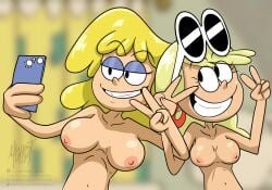 2girls blonde_hair breasts cellphone female female_focus female_only leni_loud light-skinned_female light_skin lori_loud maghost medium_breasts nickelodeon paramount_pictures sibling_(lore) siblings sister sister_(lore) sisters teenage_girl teenager the_loud_house young younger_female
