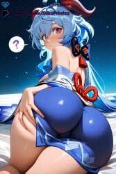 ? ahoge ai ai_assisted ai_generated anime artist_name ass ass_focus ass_grab back backless_outfit bare_shoulders blue_hair blush bow breasts cameltoe detached_sleeves dibzprintz dress fansly female from_behind ganyu_(genshin_impact) genshin_impact goat_horns grabbing_own_ass hair_between_eyes hi_res high_quality high_resolution highres horns hoyoverse large_breasts long_hair looking_at_viewer looking_back low_ponytail lying mihoyo purple_eyes solo spoken_question_mark thighs watermark