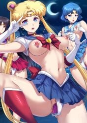 3girls bishoujo_senshi_sailor_moon black_hair blonde_hair blue_choker blue_eyes blue_hair blue_sailor_collar blue_skirt breasts change_in_common_sense choker commentary_request crescent_moon daiaru double_bun earrings elbow_gloves exhibitionism floating_earring gloves hair_bun highres hypnosis jewelry large_breasts long_hair looking_at_viewer magical_girl mind_control miniskirt moon multiple_girls navel night night_sky nipple_piercing nipple_rings object_insertion open_mouth panties piercing public_indecency red_skirt sailor_collar sailor_mars sailor_mercury sailor_moon sailor_senshi_uniform sex_toy short_hair skirt sky twintails underwear v v_over_eye vaginal_object_insertion vaginal_penetration vibrator white_gloves white_panties