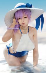 3dloveandpeace alluring bare_legs big_breasts bikini blue_eyes dead_or_alive dead_or_alive_xtreme_venus_vacation female fiona_(doa) lavender_hair one-piece_bikini pin_up sideboob tecmo