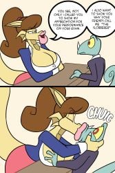 1boy 1girls 2d 2d_(artwork) big_breasts breasts brown_hair clawed_fingers comic comic_page comic_panel dialogue digital_drawing_(artwork) digital_media_(artwork) dragon dragon_girl dragon_tail grabbing_another's_head horn jamearts jimmy’s_sloppy_life kissing lizard lizardman long_hair makeout male_victim no_humans panels pink_lips pink_lipstick pink_skirt pointy_ears ponytail rebecca_(jamearts) red_pupils scalie scalie_female scalie_only shocked shocked_expression size_difference skirt story student student_and_teacher tail teacher teacher_and_student teacher_clothing teacher_outfit victim yellow_body yellow_eyes yellow_skin
