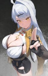 absurdres ahoge aozora_1051 black_gloves black_shorts breasts cleavage female fingerless_gloves gloves high-waist_shorts highres jacket large_breasts long_hair looking_at_viewer looking_to_the_side open_clothes open_jacket shirt shorts single_hair_intake smile solo white_hair white_shirt yellow_eyes yellow_jacket yi_xuan_(zenless_zone_zero) yixuan_(zenless_zone_zero) yunkui_summit zenless_zone_zero