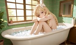 ai_generated bangs bathing blonde_hair bow brown_eyes completely_nude daylight female fire_emblem fire_emblem_awakening indoors looking_at_viewer maribelle_(fire_emblem) pearl_earrings ringlets side_view sideboob sitting_in_bathtub solo