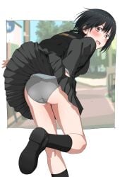 1girls absurdres ass backpack bag black_hair black_socks blurry blurry_background blush brown_eyes clothes_lift commentary from_behind grey_panties highres kneehighs long_sleeves looking_back original outdoors panties pleated_skirt school_uniform short_hair skirt skirt_lift socks solo standing symbol-only_commentary tuskryo underwear wind wind_lift