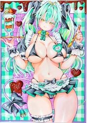 badge character_name chocolate closed_mouth detached_sleeves frills g-14_iyo heart highleg holding_spoon huge_breasts mahjong_fight_girl maid_bikini maid_uniform serving_food serving_tray skindentation smile spoon sundae unconventional_maid