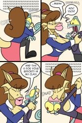 1boy 1girls 2d 2d_(artwork) big_breasts breasts brown_hair clawed_fingers closed_eyes comic comic_page comic_panel dialogue digital_drawing_(artwork) digital_media_(artwork) dragon dragon_girl dragon_tail eyes_popping_out furry grabbing_another's_head horn jamearts jimmy’s_sloppy_life kissing lizard lizardman long_hair makeout male_victim no_humans one_eye_closed panels pink_lips pink_lipstick pink_skirt pointy_ears ponytail rebecca_(jamearts) red_pupils saliva saliva_trail scalie scalie_female scalie_only scared scared_male shocked shocked_expression size_difference skirt story student student_and_teacher tail teacher teacher_and_student teacher_clothing teacher_outfit victim yellow_body yellow_eyes yellow_skin