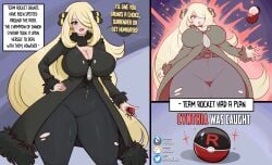 blonde_hair breasts captured captured_heroine comic cynthia_(pokemon) drevod female gray_eyes hypnosis jeans long_hair mind_control page_number part_1 pokeball pokemon thick_thighs thighs