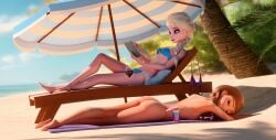 3d anna_(frozen) beach bikini elsa_(frozen) fireboxstudio frozen_(film) sunbathing