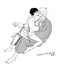 1boy 1girls blush breath canon_couple female forked_tongue french_kiss gegege_no_kitarou husband_and_wife imminent_sex iwako_(gegege_no_kitarou) kimono kiryu_(pixiv) kissing kitarou_tanjou_gegege_no_nazo long_tongue male married_couple medama_oyaji_(human) monochrome short_hair sitting sitting_on_lap sitting_on_person sweat very_short_hair