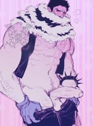 1boy aroused artist_name bara barazoku blush charlotte_katakuri clothed clothing gloves heat heavy_breathing jacket looking_at_viewer male male_only mew_jyev_(artist) muscles muscular muscular_male one_piece pants_down piercing pleasure_face pulling_down_pants short_hair solo tagme tattoo tattooed_arm
