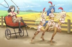4girls animal_ear_hairband armbinder bit_gag black_hair blonde_female blonde_hair blue_hair bondage bound_arms breasts character_request chariot collar corset drill_hair elf_ears elqro exposed_breasts feather_hair_ornament female female_only femdom femsub fire_emblem_awakening forced_labor harness heels horse_tail lezdom lucina_(fire_emblem) maribelle_(fire_emblem) multiple_girls multiple_subs nipple_bells nowi_(fire_emblem) one_eye_closed ponygirl ponyplay pulling_carriage ribbon road running submissive_female tagme tattoo thighhighs whip