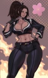 abs aoranpb biker_girl black_gloves breasts brown_hair cleavage crop_top fatal_fury fatal_fury:_city_of_the_wolves female forehead girls gloves hand_on_hip huge_breasts king_of_fighters large_breasts long_hair mai_shiranui mai_shiranui_(street_fighter_6) midriff navel no_bra ponytail smile solo street_fighter street_fighter_6 sweat thick_thighs toned toned_female unzipped wide_hips