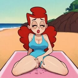 ai_generated blue_eyes cartoon_network female_masturbation fingering fingering_pussy fingering_self herfeffine_heferfefer looking_at_viewer one_piece_swimsuit pussy pussy_juice red_hair solo squirting swimsuit swimsuit_aside the_grim_adventures_of_billy_and_mandy wet_pussy