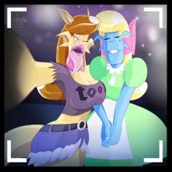 2d 2d_(artwork) 2girls alice_(jamearts) big_lips blonde_hair blue_body blue_skin breasts brown_hair club digital_drawing_(artwork) digital_media_(artwork) dragon dragon_girl dragon_tail dress female green_clothing green_dress jamearts lips medium_breasts nightclub no_humans one_eye_closed pointy_ears rebecca_(jamearts) ripped_jeans scalie scalie_female selfie smiling smiling_at_viewer tail tongue tongue_out wink winking winking_at_viewer yellow_body yellow_skin