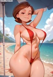 absurd_res absurdres ai_generated beach beach_umbrella brown_hair elastigirl female helen_parr high_quality high_resolution highres looking_at_viewer mature mature_female milf mommy peace_sign plump seductive sling_bikini slingshot_swimsuit smirk smug tease teasing the_incredibles thick_thighs v wide_hips zackwastaken01