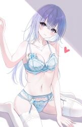 1girls absurdres blue_bra blue_eyes blue_garter_belt blue_hair blue_panties blush bra breasts cleavage commentary_request female hair_between_eyes head_tilt heart highres idolmaster idolmaster_shiny_colors lace-trimmed_bra lace-trimmed_panties lace_trim light_blue_hair looking_at_viewer medium_breasts navel panties sikimosh simple_background smile soles solo suzuki_hana underwear underwear_only white_background