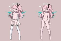 :/ ambriel_(arknights) arknights black_bow blue_halo blue_wings blush bow chinese_commentary cleft_of_venus collarbone commentary_request completely_nude detached_wings elbow_gloves energy_wings expressionless female full_body garter_straps gloves halo hand_up highres hydrogina lingerie long_hair looking_at_viewer multiple_views navel nipples nude one_eye_closed one_side_up parody pink_background pink_hair purple_eyes pussy revealing_clothes ringed_eyes simple_background spaghetti_strap style_parody thighhighs traditional_halo underwear vanripper_(style) variant_set white_garter_straps white_thighhighs wings