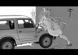 1boy ^^^ barefoot caught commentary_request dress feline female female_masturbation from_behind greyscale highres letterboxed long_hair looking_at_another masturbation mechanophilia monochrome original pussy_juice sashizume_soutarou soles toes wet wet_clothes wet_dress