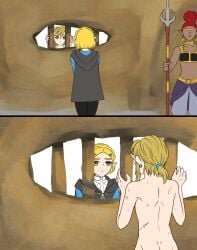 1boy 2girls ass cfnm clothed_female_nude_male gerudo imprisoned link link_(breath_of_the_wild) naked_male nintendo nude nude_male only_one_naked princess_zelda prison prison_cell prisoner teraichigo the_legend_of_zelda zelda_(breath_of_the_wild)