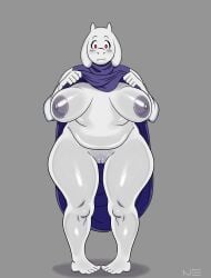 absurd_res anthro areola big_breasts blush blush_lines boss_monster_(undertale) bovid breasts caprine clothed clothing dress eyelashes fangs female floppy_ears front_view fur genitals goat grey_areola grey_background grey_nipples hi_res horn huge_breasts looking_at_viewer lop_ears mammal necroeddie nipples overweight overweight_female pubic_stubble purple_clothing purple_dress pussy raised_clothing raised_dress red_eyes simple_background solo teeth thick_thighs toriel undertale_(series) white_body white_fur white_horn wide_hips