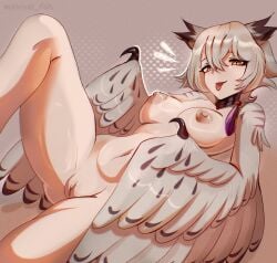 absurdres animal_ears belly bird_ears breasts brown_background brown_eyes claws commentary english_commentary ev_v1l feathered_wings female grey_feathers grey_hair grey_wings hair_between_eyes harpy highres looking_at_viewer medium_breasts monster_girl navel nipples nude original pussy solo tongue tongue_out twitter_username uncensored winged_arms wings