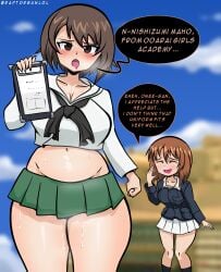 2girl 2girls belly belly_bulge belly_button big_ass big_breasts big_butt blush blush blushing_at_viewer blushing_female brown_eyes brown_hair chubby chubby_female clipboard curvy curvy_body curvy_female curvy_figure dark_eyes english_text girls_und_panzer huge_ass huge_breasts huge_butt ill_fitting_clothing looking_at_viewer nervous nervous_smile nishizumi_maho nishizumi_miho pale-skinned_female pale_skin raptorgun_(artist) school_uniform schoolgirl short_hair short_skirt sister sisters skirt small_clothes steaming_body steamy_breath tank thick_thighs uniform wardrobe_malfunction watermark wide_hips