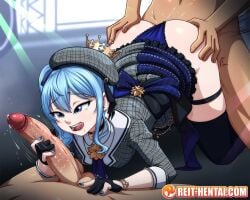 2boys all_fours ascot ass beret black_choker blue_ascot blue_eyes blue_hair blue_nails blue_panties bracelet breasts choker clothed_female_nude_male clothes_lift clothing_aside crown doggy_style english_commentary fellatio female gloves group_sex handjob hat hololive hoshimachi_suisei hoshimachi_suisei_(1st_costume) imminent_fellatio jewelry large_penis licking_lips looking_at_penis medium_breasts mini_crown mmf_threesome motion_lines multiple_boys nude oral panties panties_aside partially_fingerless_gloves penis penis_awe plaid_clothes plaid_shirt plaid_skirt precum reit saliva sex sex_from_behind shirt side_ponytail skirt skirt_lift star_(symbol) star_in_eye symbol_in_eye threesome tongue tongue_out uncensored underwear virtual_youtuber