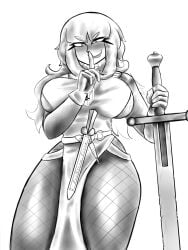 1girls big_breasts black_and_white breasts clothed female glassedsand golden_empire_(grave/digger) grave/digger half-closed_eyes long_hair looking_at_viewer roblox roblox_game robloxian shushing soldat_(grave/digger) sword tagme thick_thighs thighs