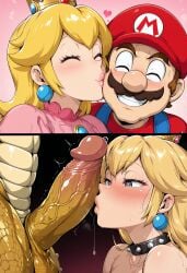 1girls 2boys 2boys1girl 2koma absurd_res absurdres ai_assisted ai_generated blush bowser cheating cheating_female cheating_girlfriend cheating_wife closed_eyes clothed_female crown dress earrings female heart-shaped_pupils high_resolution highres instant_loss_2koma kissing_penis large_penis mario mario_(series) monster_boy monster_cock netorare ntr nude nude_female princess_peach raleu10 spiked_collar yellow_penis