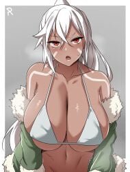 1girls azur_lane big_breasts bikini bikini_top bikini_top_only breasts dark-skinned_female dark_skin female huge_breasts large_breasts looking_at_viewer minneapolis_(azur_lane) nabe_taro native_american ponytail red_eyes simple_background solo source_deleted stomach white_bikini white_hair