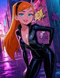 2025 ai_generated black_eyebrows black_hairband catsuit danny_phantom deviantart elryusam green_eyes hand_on_hip hand_on_leg jazz_fenton meta nickelodeon not_porn orange_hair_female paramount_animation raining red_lipstick viacom wet_body wet_skin wet_suit